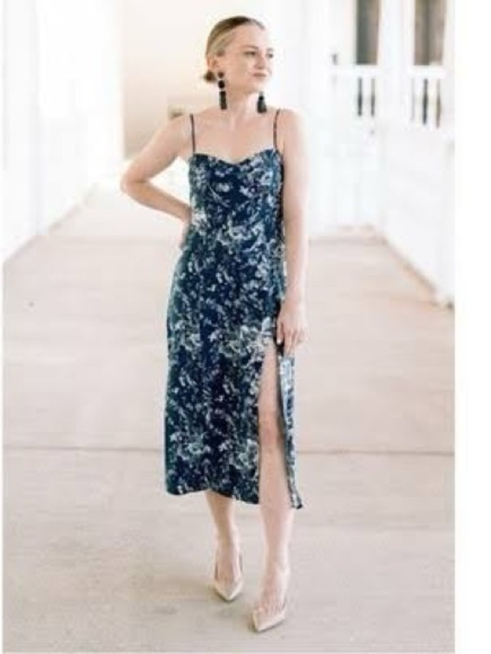 Abercrombie & Fitch Navy Blue Floral Slip Midi Dress with Side Slit
